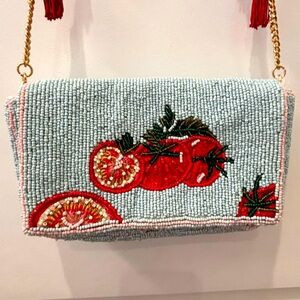 NWT Viral made in India beaded tomato gold chain tasseled bag